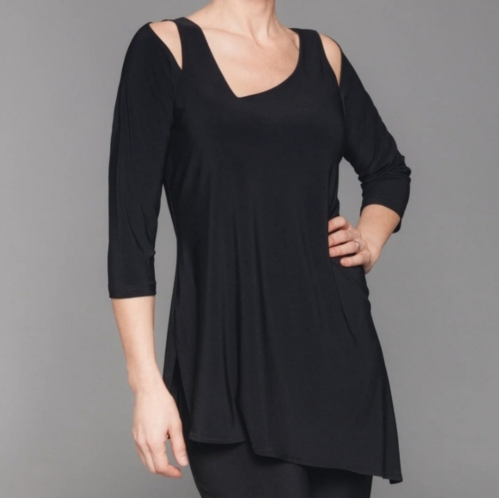 Sympli Black Asymmetrical Tunic Top Cut-Out 3/4 Sleeves Stretchy Size 10 Office